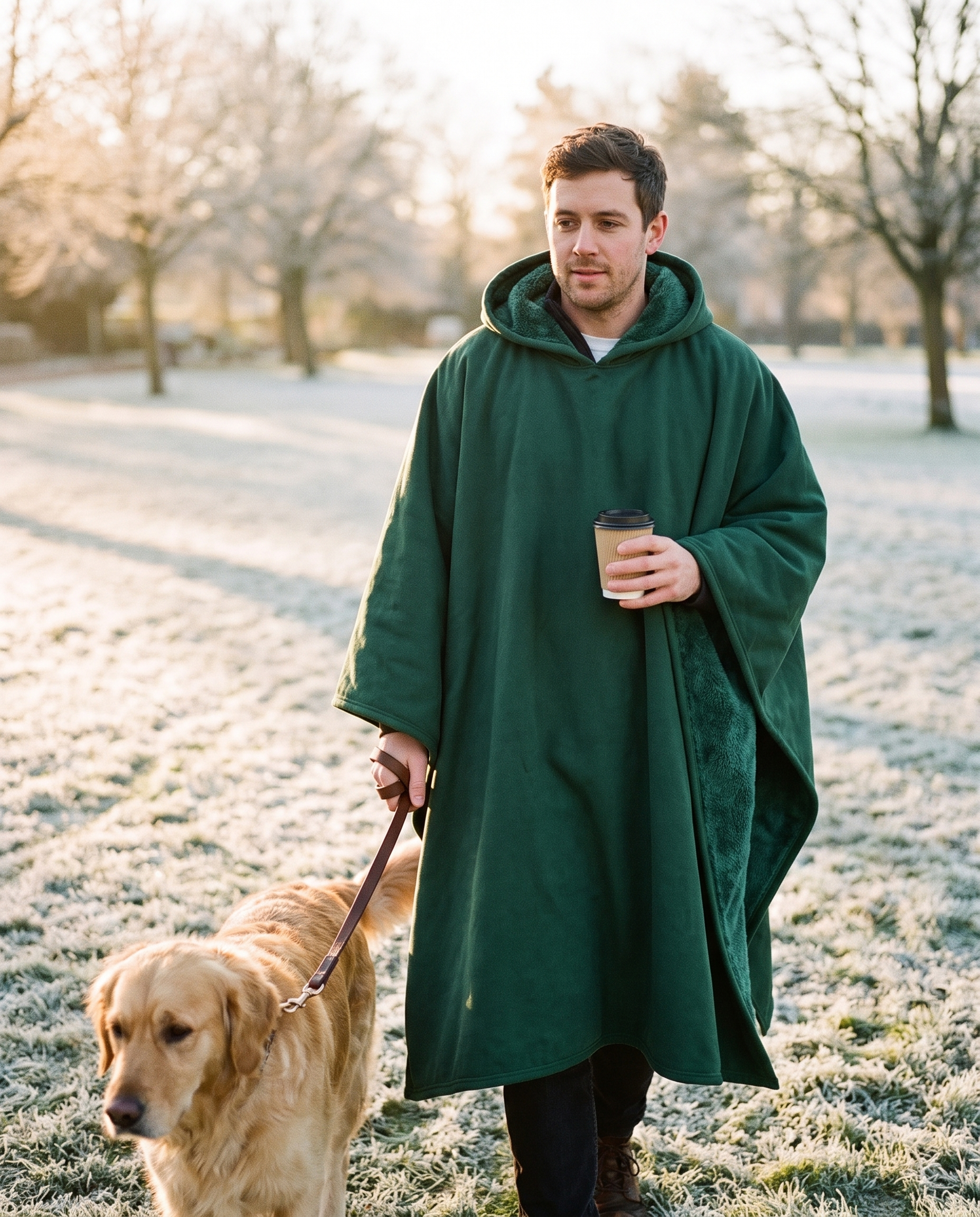 Man walking his dog through a frosty park in a forest green Heavy Hug