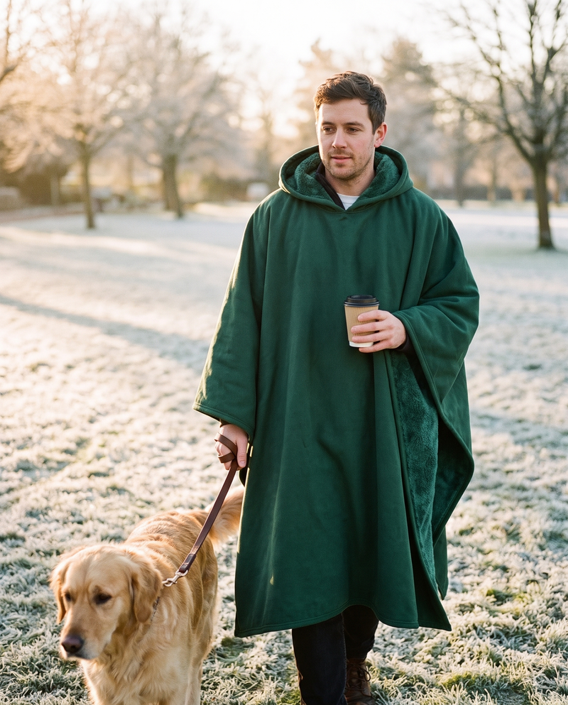 Man walking his dog through a frosty park in a forest green Heavy Hug