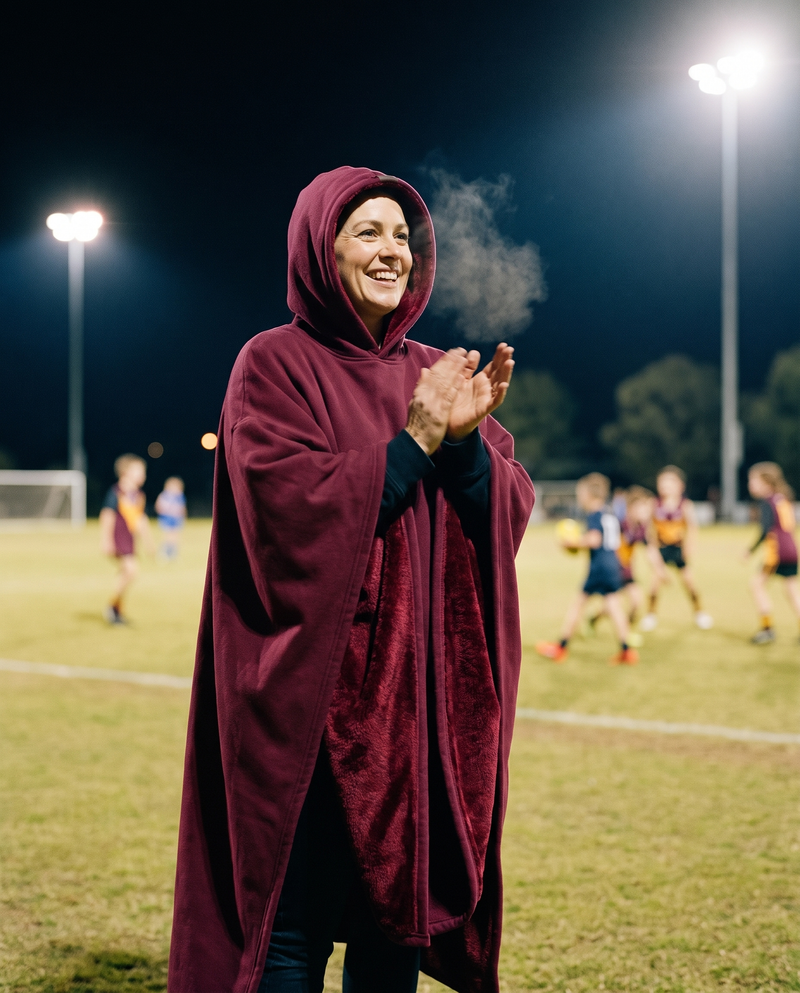 Mum cheering on a footy sideline at night in a merlot Heavy Hug
