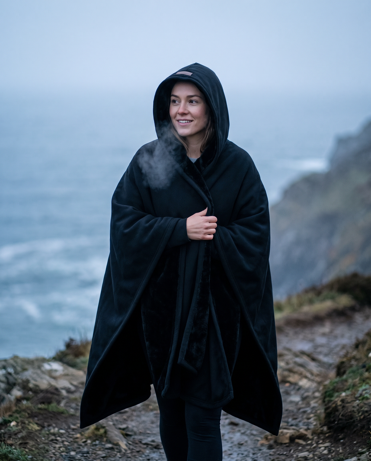 Woman in a black Heavy Hug hooded cloak on a misty coastal walk at dawn